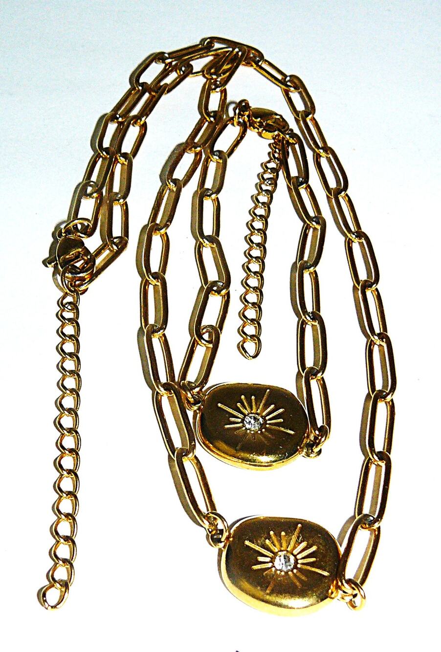 Gold-Tone Paperclip Chain Necklace Bracelet Set Sunburst Crystal Acct Adj Length